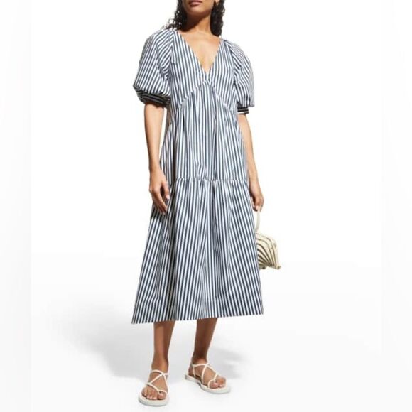 Frame Striped Puff Sleeve Midi Dress Navy White 100% cotton size medium - Picture 3 of 10